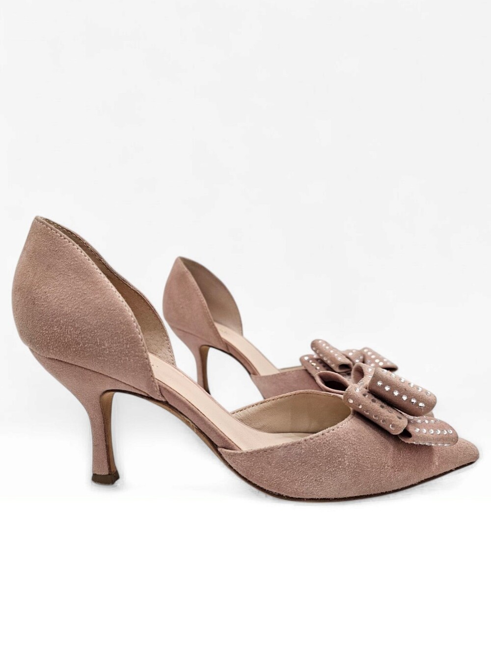 KATE SPADE Sterling Blush Pink Suede D'Orsay Rhinestone Bow Pointed Toe Pumps 7M - Picture 2 of 11
